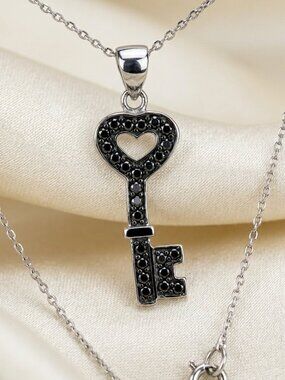 🖤 Italian Sterling Silver Pave Black CZ Key To My Heart Necklace